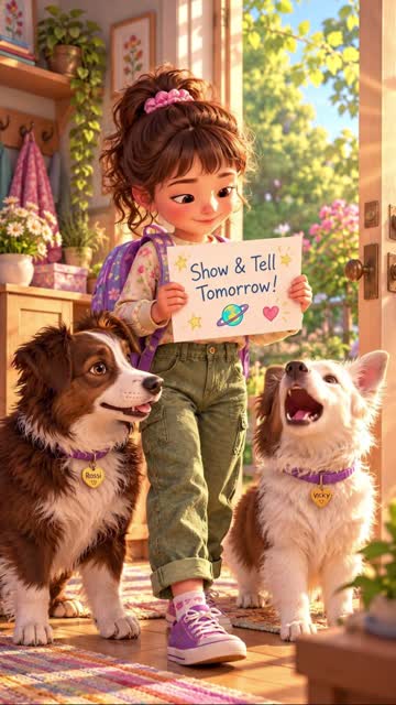 Luna with a show and tell card and her two dogs
